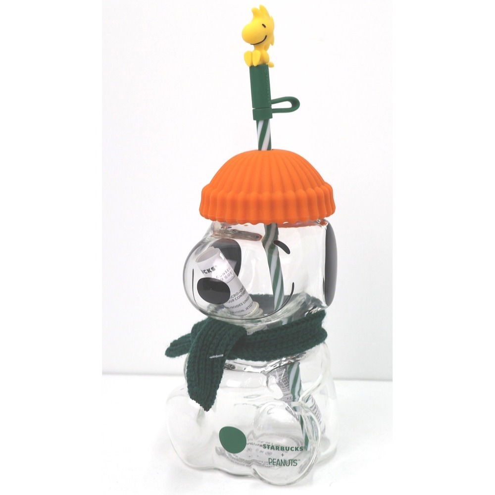Starbucks Peanuts Snoopy Glass Cold Cup 20oz Clear New Woodstock Straw Scarf Lid
